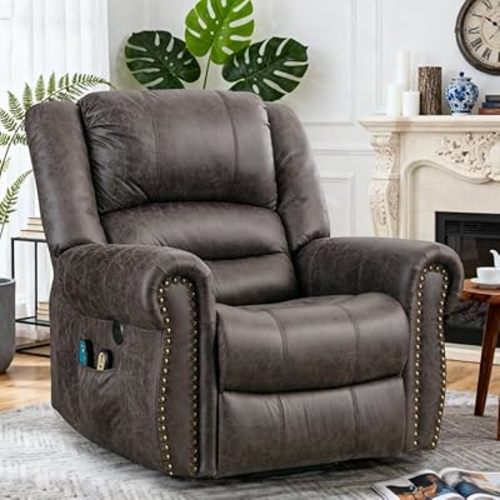 Manual Swivel Rocker Recliner Chair with Heat and Vibration, 360° Swivel Glider Rocking Reclining Chair, Massage Rocking Recliners with Side Pockets & USB Ports for Living Room, Smoky Gray