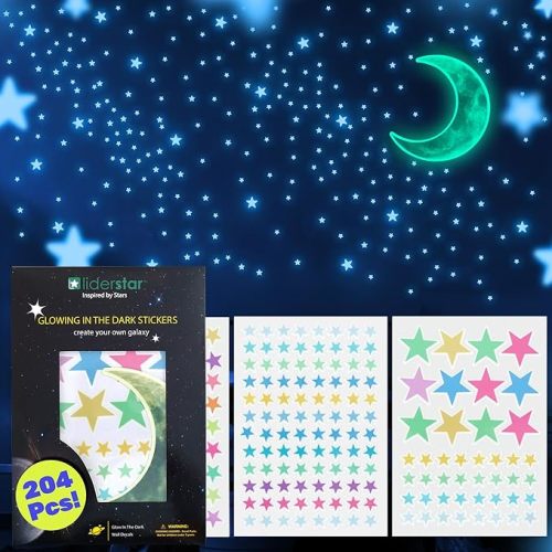 Glow in The Dark Stars and Moon for Ceiling, Luminous Wall Decal, Wall Decor, Sticky Fluorescence Stars, Gift for Boy and Girl, Perfect for Kids Nursery, Bedroom, Living Room (Colorful)