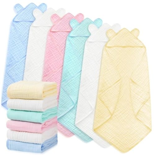 Preboun 6 Pcs Muslin Baby Hooded Towels Cotton Absorbent 6 Layers Cute Bath Toddler Towels for Newborn Kids Girl Infant Boys Toddler Shower Gift Supplies (Grey,Blue,White)
