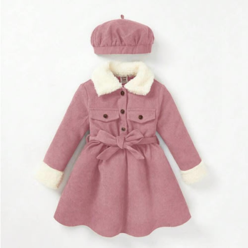Cozy Pixies Baby Girl Borg Collar Flap Detail Belted Dress With Hat