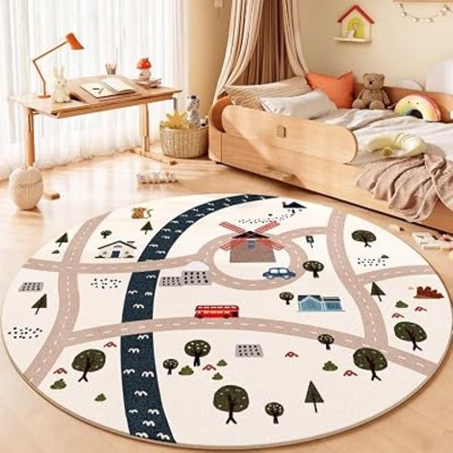 Poowe Round Kids Rug,Lovely Road Baby Play Mat,Washable Non-Slip Cartoon Children Carpets for Kindergarten Nursery School Rug Baby Playmats,Round 39.4"