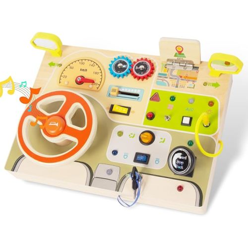 Wooden Busy Board with Steering Wheel Sensory Toy for Toddlers 3+