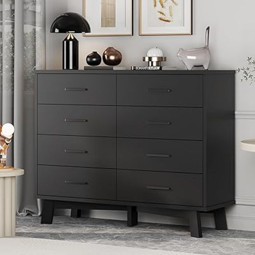 Dresser for Bedroom, 8 Drawer Wide Modern Chest of Drawers with X-Shaped Sturdy Base, Wood Double Dresser Closet Clothes Storage Organizer, Wooden TV Stand for Living Room, Hallway, Black