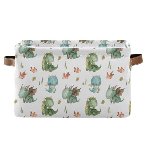 xigua Cute Dragon Storage Basket Collapsible Toy Storage Bins Waterproof Canvas Storage Basket with Leather Handles for Home Closets Offices,Bedrooms,Toy and Gift Baskets,2PCS