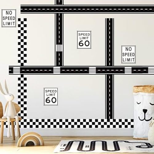 Runtoo Wall Border Road Stickers Street Traffic Sign Wall Decals for Boys Room Kids Room Nursery Toy Car Decor