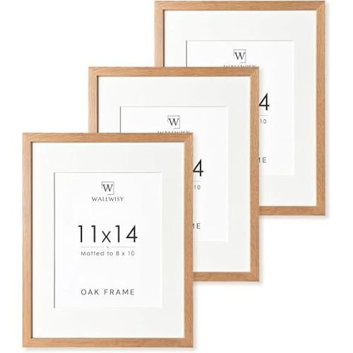 wallwisy 11x14 Picture Frame, 11x14 Solid Oak Frames with Mat to 8x10, 14x11 Wooden Frames for Wall, Natural Oak Wood Frame, Set of 3