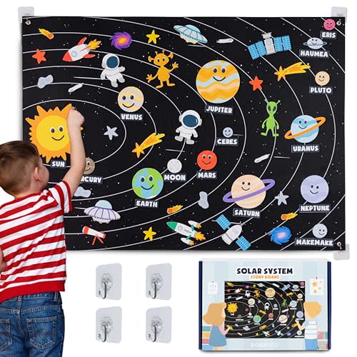 BONNYCO Solar System for Kids Toys with 61 Felt Figures. Space Montessori Toys, Girls Boys Birthday Gifts Planets. Felt Board for Toddlers Story, Educational Kids Gifts 3 4 5 6 7 8 Years, Christmas