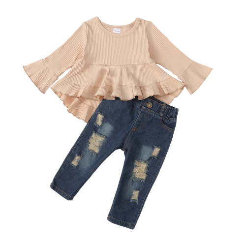 2PCS Toddler Girls Fall Winter Outfits Set 6-24 Months & 2-4T: Long Sleeve Apricot Top, Denim Pants Set