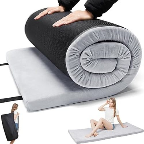 Foam Camping Mattress - Portable Sleeping Pad for Camping, Tent, Car & Floor - Washable Cover & Roll Up Travel Bag - Cot Mattress for Travel & Guests