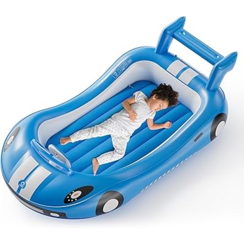 QPAU Blow up Inflatable Toddler Travel Bed with Sides, Toddler Air Mattress for Camping, Traveling, Hotel, or Home Use, Hand Pump Included (Blue)