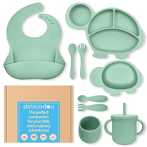 Silicone Baby Feeding Set - 9 Pieces - First Stage Solid Food Eating Baby Utensils. 6+ Months. Turtle Shape
