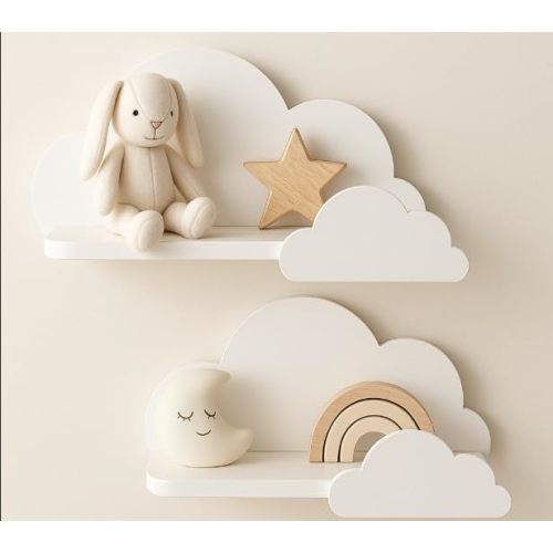 BugyBagy Cloud Wall Shelf – Decorative Wooden Floating Shelf for Nursery, Kids Room – Multiple Colors & Light Options (White Cloud Shelf Set of 2 – No Light)