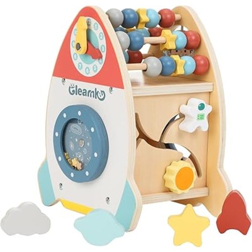 Baby Space Wooden Activity Cube Montessori Toys, 7-in-1 Early Educational Learning Sensory Toys with Bead Maze Shape Puzzle Abacus for 1 2 3 Year Old 12-18 Months Boys Girls First Birthday Gifts