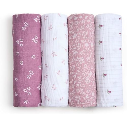 aden + anais 100% Organic Cotton Muslin Swaddle, Breathable Baby Blanket, Ideal for Boys, Girls, Newborns, Babies & Infants, Receiving Blanket, Lightweight Wrap, 4 Pack, Heritage Floral