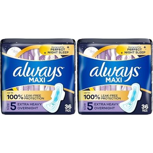 Always Maxi Pads for Women, Extra Heavy Overnight Pad with Wings, Size 5, Unscented, 36 Count (Pack of 2)