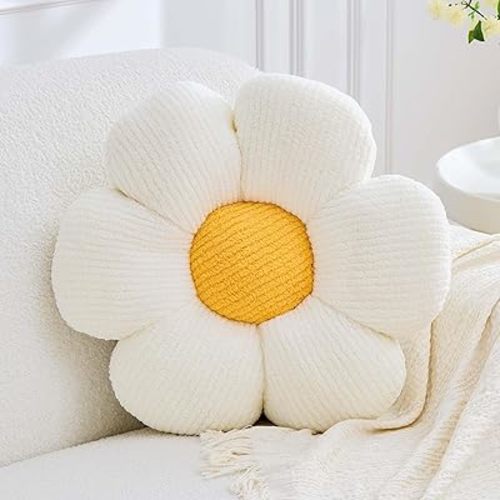 Flower Pillow, White Flower Decorative Throw Pillows for Bed Couch, Aesthetic Home Decor Cute 14.9" Daisy Floral Shaped Plush Pillow Floor Seat Cushion