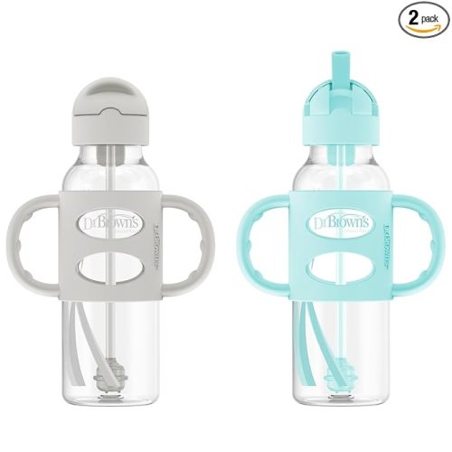 Dr. Brown's Milestones Narrow Sippy Straw Bottle, Spill-Proof with 100% Silicone Handles and Weighted Straw, 8 oz/250 mL, Gray & Green, 6m+