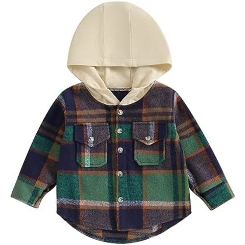 Amiblvowa Toddler Baby Boy Girl Fall Winter Clothes Flannel Hooded Plaid Shirt Jacket Button Down Shacket