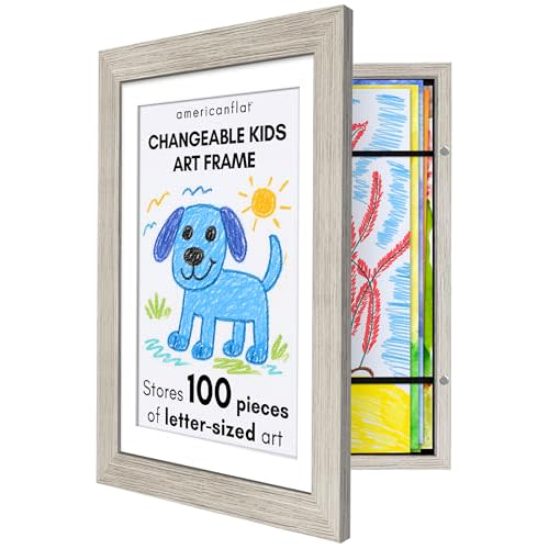 Americanflat Kids Artwork Frame Changeable (Driftwood) - Magnetic Door Holds 100 Art Pieces - 8.5x11 Letter Size Display with Mat or 10x12.5 Without Mat - My Mini Masterpiece
