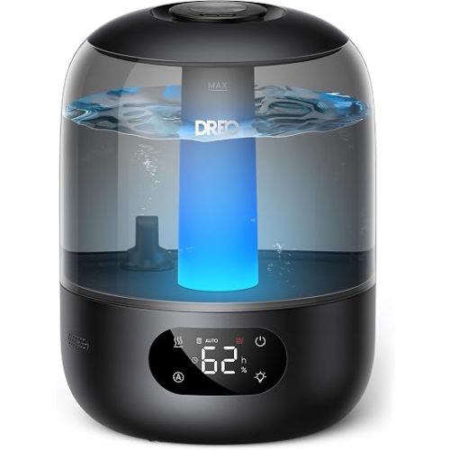 DREO Humidifiers for Bedroom, Cool Mist Ultrasonic Humidifiers with Oil Diffuser, 30Hr Runtime, Top Fill 3L Tank, Humidity Sensor, Night Light for Baby, Nursery, 360° Nozzle for Plants and Home, Black
