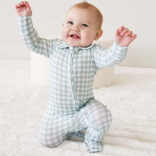 Peter Pan Collar Zipper Footie | Moss Gingham