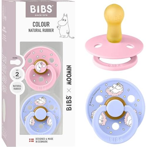 BIBS Colour Moomins Pacifier 2-Pack, BPA Free Pacifier, Round Nipple. Natural Rubber Latex, Made in Denmark, Size 2 (6-18 Months), Baby Pink/Hush