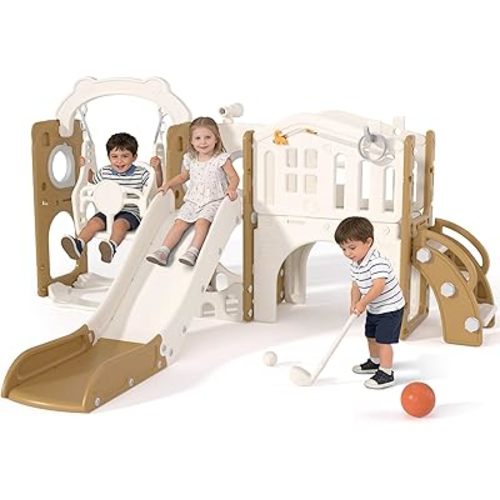 KORIMEFA 11 in 1 Toddler Slide and Swing Set - Baby Slide for Toddlers 1-3 with Ring Toss and Basketball Hoop, Indoor Outdoor Toddler Playset Playground, Coffee