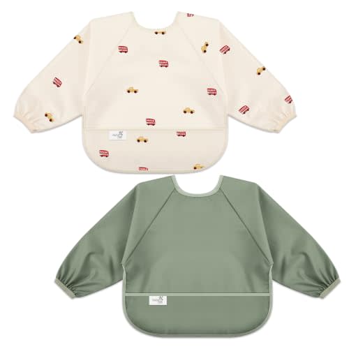 Long Sleeve Baby Bib, Waterproof Fabric, Catch-All Pocket, Baby Smock Bib, Adjustable Sleeves