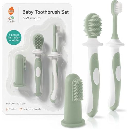 Cherish Baby Care Toothbrush Set (3-24 Months) - Soft 3-Pack (Sage Green)