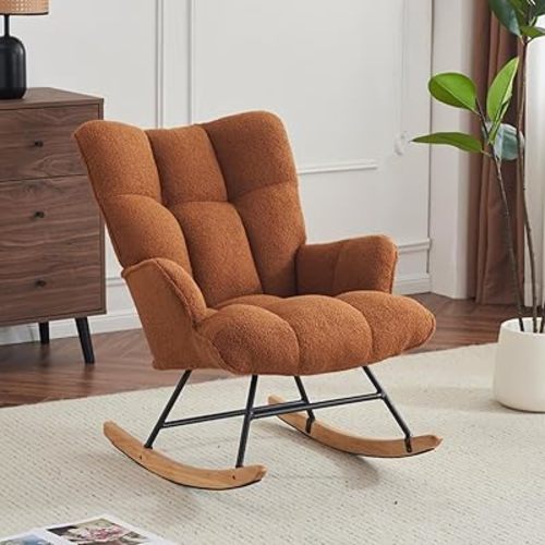 Rocking Chair Nursery Teddy, Upholstered Baby Fluffy Glider Rocker for Adults Indoor, Comfy Sherpa Compact Nursing Chairs for Small Spaces, Living Room, Classroom, Bedroom, Brown