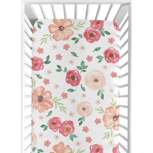 Sweet Jojo Designs Girl Baby Fitted Crib Sheet Watercolor Floral Peach and Green