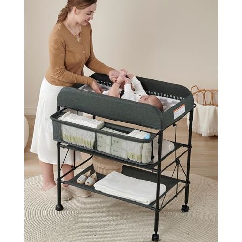 BEKA Portable Changing Table, Foldable Baby Changing Table, Changing Station for Infant w/Waterproof Diaper Changing Table Pad, Adjustable Height Diaper Station, Mobile Nursery Organizer for Newborn