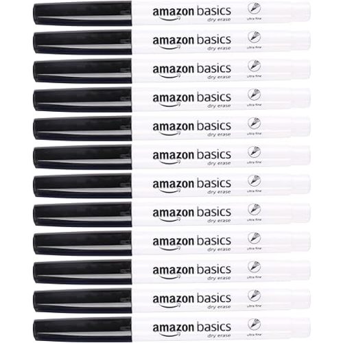 Amazon Basics Low Odor Ultra Fine Tip Dry Erase White Board Markers, Black, 12-Pack