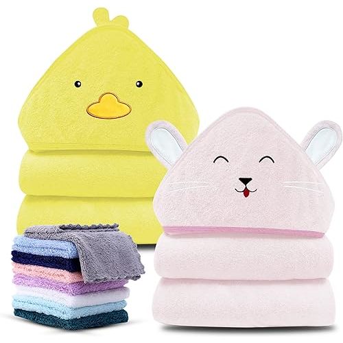 Cute Castle 2 Pack Hooded Baby Towel Rayon Made from Bamboo with 8 Washcloths - Soft Bath Towel for Bathtub for Babie, Newborn, Infant, Natural Baby Stuff Towel (Duck and Rabbit)