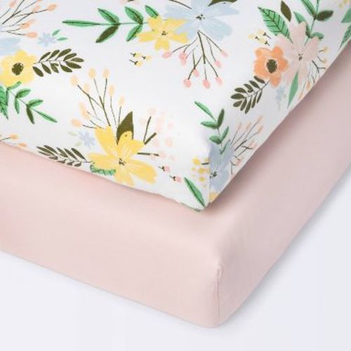 Cotton Fitted Mini Crib Sheet - Cloud Island™ - Meadow/Pink - 2pk