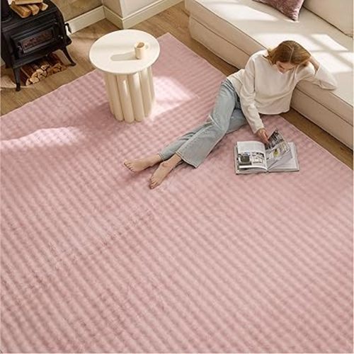 Bedsure 8x10 Fluffy Area Rugs for Living Room, Machine Washable Rugs, Non-Slip Backing, Non-Shedding, Pet Friendly Throw Rug for Bedroom Dining Room, Rug for Kids Room, Strawberry Cream