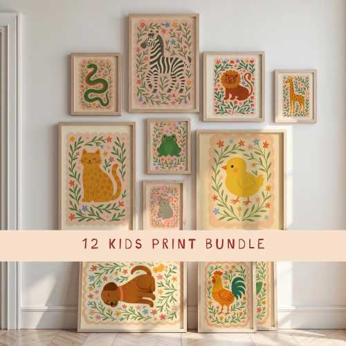 Animal Nursery Prints: Playful Kids Room Wall Art (Digital Download, Set of 12)