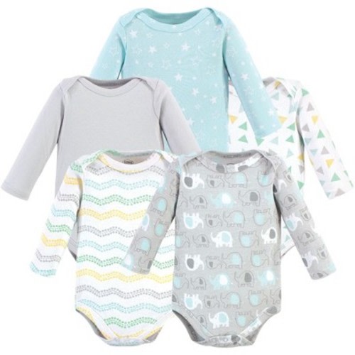 Luvable Friends Cotton Long-Sleeve Bodysuits 5pk, Basic Elephant, 6-9 Months