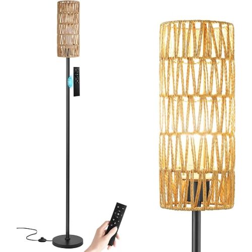Ambimall 64'' Floor Lamps for Living Room with Remote Control and Stepless Dimmable Colors Temperature & Brightness, Boho Black Standing Lamp with Beige Rattan Shade
