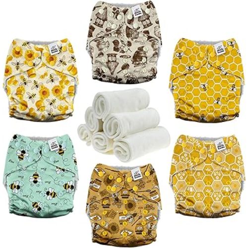 Mama Koala 3.0 Pocket Cloth Diapers for Babies with AWJ Lining, 6 Pack with 6 4-Layer Natural Cloth Diaper Inserts - Reusable and Washable Pocket Diapers(Hardworking Bees)