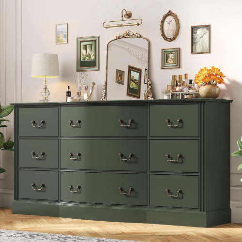 Aphthongs 9 Drawers Dresser for Bedroom with Curved Design, 63" Wide Mid Century Modern Chest Of Drawers With Antique Handle, Wooden Vintage Painted Drawer Organizer for Living Room, Hallway, Green