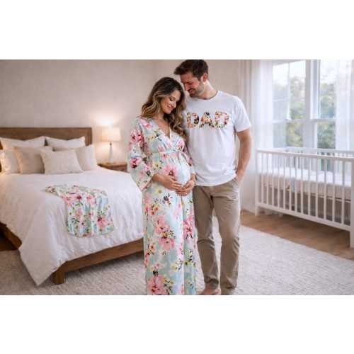 Pastel Floral Cotton Kimono Robe and Dad shirt. Matching family outfits.