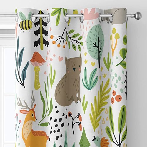Kids Blackout Curtains ，Grommet Thermal Insulated Room Darkening Printed Forest with Wild Animals Nursery and Kids Bedroom Curtains 42x63inch(107x160cm), White