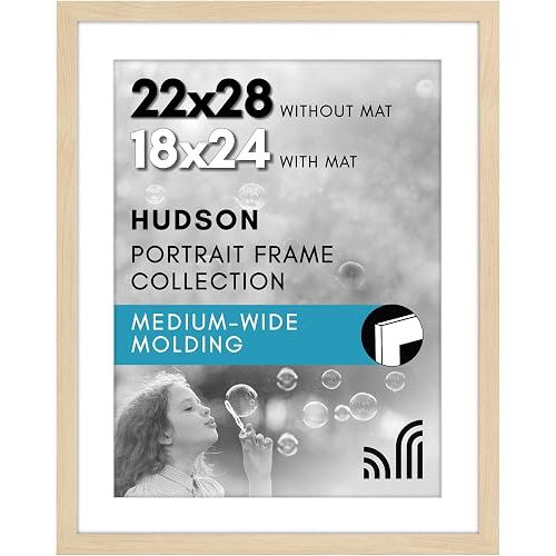 Americanflat 22x28 Poster Frame - Natural Oak Engineered Wood with Polished Plexiglass - Matted to 18x24 Photo Size - Hudson Collection - Wide Picture Frame for Wall Display - Natural Oak