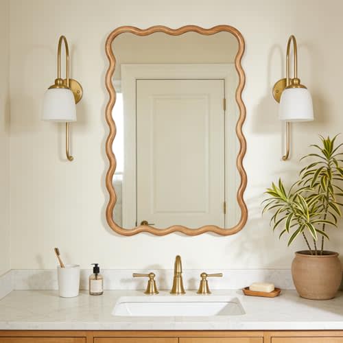 WallBeyond 24"x36" Wavy Wood Mirror, Natural Wood Boho Accent Wall Mirror with Wooden Frame, Decorative Wall Mounted Mirror for Horizontal or Vertical Hanging in Bathroom, Bedroom, Living Room