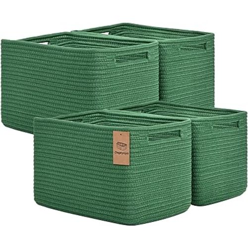 Storage Baskets for Organizing, 4 Pack Baskets for Shelves, Decorative Storage Bins for Shelves, Cotton Rope Storage Basket with Handles, Woven Basket for Storage, 13''Lx8.7''Wx7.9''H, Green