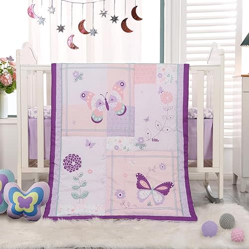 Wowelife Mini Girl Crib Bedding Set, Butterfly Baby Girl Nursery Bedding Set, Premium Purple Baby Bed Bedding Set, Baby Girl Cot Bed Set Include Quilted Comforter, Crib Skirt and Sheet, Purple