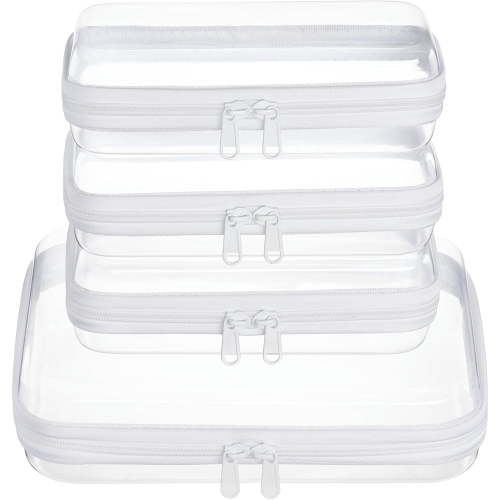 4 Pack Clear Zipper Pouches, Hard Shell Travel Toiletry and Cosmetic Organizer Bags, Clear Diaper and Toy Storage Pouches, 1 Medium and 3 Small