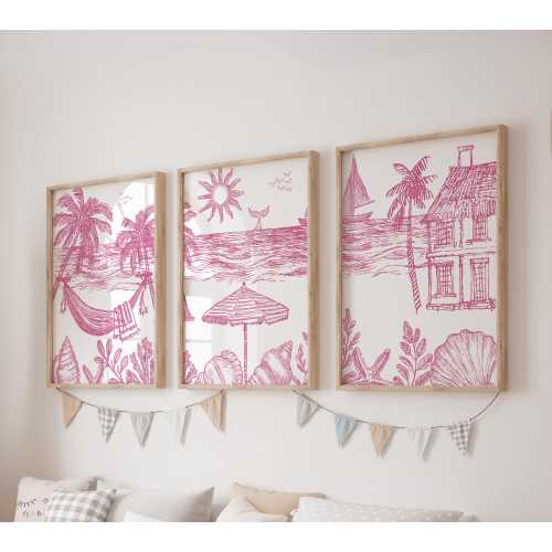 Boho Nursery Wall Art, Set of 3 Pink Coastal Prints, Sailboat Posters, Modern Art, Kids Bedroom Decor, Girl Nursery Decor, Playroom Prints