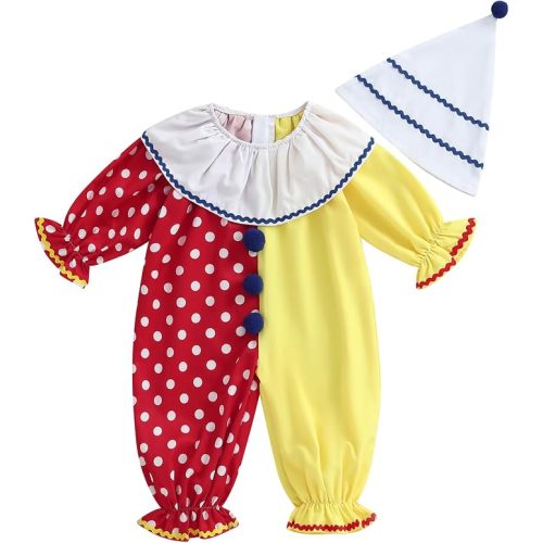 Thorn Tree Toddler Halloween Outfits Baby Boy Girl Clown Costume Contrast Color Long Sleeve Jumpsuit Hat Smocked Outfits